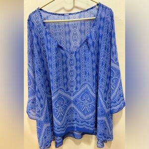 Women’s 2X Blue White Paisley Beach Cover Up Shirt Top Tie V Neck Sheer